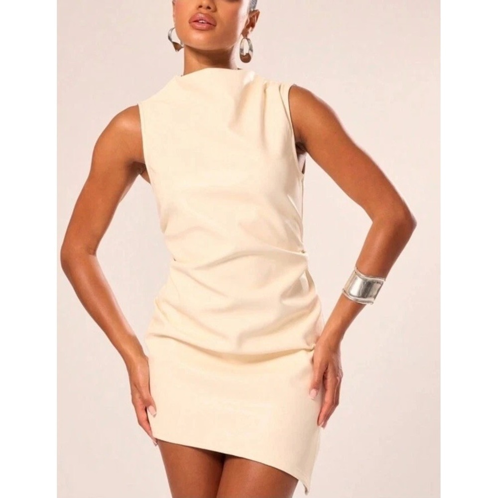 Musera Cream Faux Leather High Neck Asymmetrical Mini Dress XS sz2405282007193‎